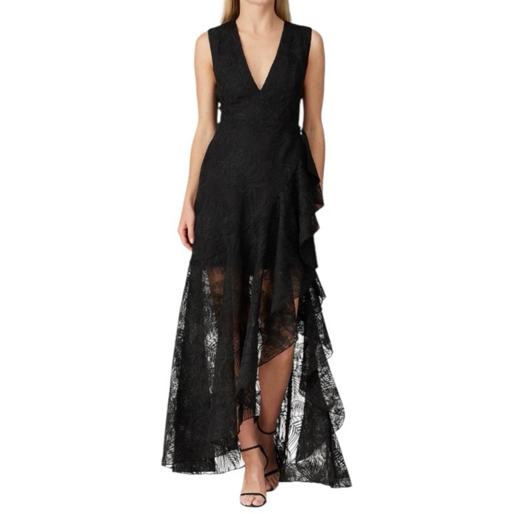 One33 Social Ruffle Gown Size 6 Belted Palm Lace Black